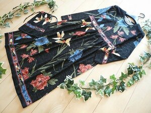 【新品】8586【L】上質 艶やか花柄 ニット ワンピース 黒系 ギャザー切替 薄手起毛ニット 共布ポーチ付 40代 50代 60代