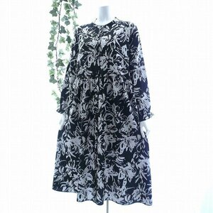 Art hand Auction [New] 8878 [L] High quality, painterly floral pattern dress, black, ruffled sleeves, gathered flares, satin style, luxurious, elegant, 40s, 50s, 60s, spring, summer, tunic, long sleeve, L size