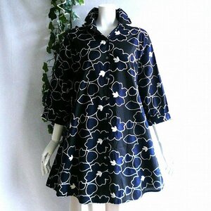 【新品】8916【ML】上質 花模様刺繍 綿100％ ロングシャツ 黒系 七分袖 前ボタン 上品 エレガント 高級感 40代 50代 60代 春 夏