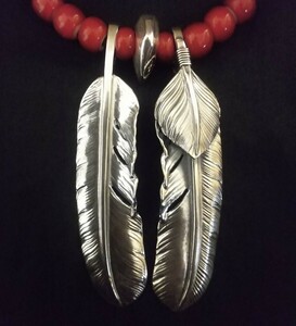 goro's Goro's large all VOL2 collection . all silver on silver extra-large & all silver plain extra-large feather Eagle stamp beads OLD hook . red beads leather cord neitib Vintage 