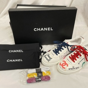 T5987【未使用】 CHANEL シャネル×ファレルウィリアムス ペイント キャンバス スニーカー シューズ マルチカラー イタリア製 43 26.5cmの画像1