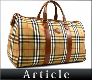 170742☆ BURBERRY バーバリー ボストンバッグ バッグ チェック柄 キャンバス レザー ベージュ ブラウン メンズ レディース/ B