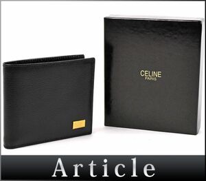 171462◇美品 CELINE セリーヌ 二つ折り財布 ウォレット レザー ブラック 黒 無地 シンプル ゴールド金具 コンパクト メンズ レディース/ C