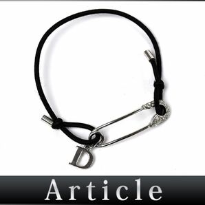 171825〇 Christian Dior ディオール 安全ピン ブレスレット 腕輪 ゴム シルバーメッキ ラインストーン ブラック 黒 シルバー/ Eの画像1