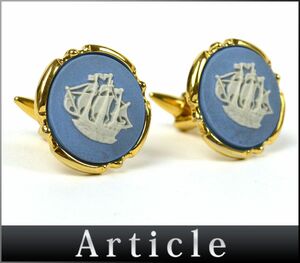 173516◆ WEDGWOOD ウェッジウッド カフス カフリンクス カフスボタン アクセサリー ジャスパー GP ブルー ゴールド 船 シップ メンズ/ G