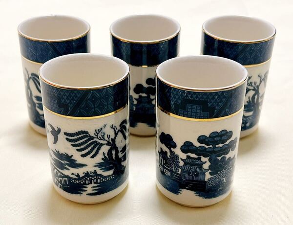 レトロ PIGEON CHINA JAPAN ウィロー山水 フリーカップ湯呑5客