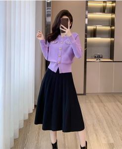 レディースカーディガンフレアスカートセット紫色×黒色フリーサイズ