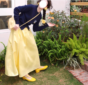レディースフレアスカートとカーディガンセット黄色×紺色L
