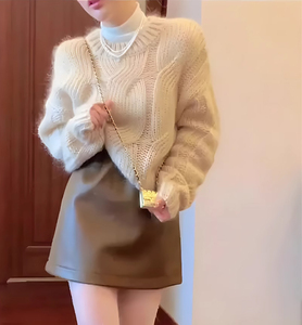 レディースセーターとスカートセット白色×茶色L