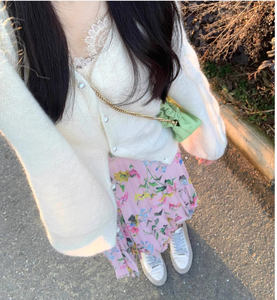 レディースカーディガンと花プリント柄スカートセット白色×ピンク色M