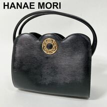 美品 HANAE MORI ハナエモリ ロゴ金具 フォーマルバッグ ハンドバッグ 黒 ブラック ゴールド金具 森英恵 B32418-88_画像1