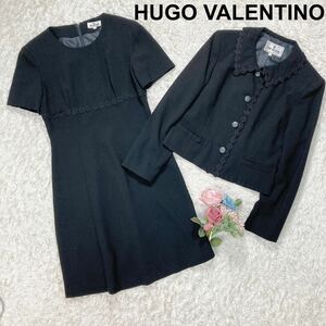 HUGO VALENTINO ブラックフォーマル スーツ セットアップ ワンピース ジャケット 花柄 レース 9号 M レディース B32418-139