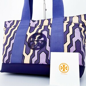 1円〜■美品■Tory Burch トリーバーチ トートバッグ ビジネス 大容量 A4 レディース メンズ レザー キャンバス 総柄 ロゴ マルチカラー 青