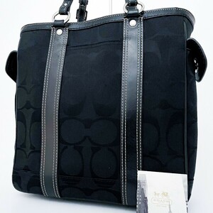 1円〜■極美品■COACH コーチ トートバッグ ビジネス 大容量 A4 レディース メンズ レザー キャンバス 総柄 ターンロック ブラック 黒