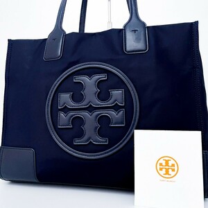 1円〜■極美品■Tory Burch トリーバーチ エラ キャンバス ロゴドン トートバッグ ビジネス 大容量 A4 レディース メンズ レザー ネイビー