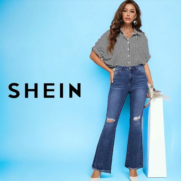 SHEIN 大きいサイズ 二ークラッシュ フレアレッグジーンズ 30