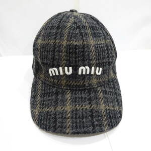 1円～ miu miu MIU MIU ミュウ ミュウ キャップ ツイード 帽子 5HC179 1V7U チェック柄 Mサイズ ウール混 ロゴ ブランド