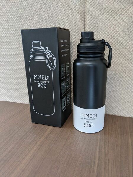 800ml ボトル 保温 保冷 IMMEDI BOTTLE ブラック 氷が入れやすい 洗いやすい 水筒 広口 直飲み 取っ手付き