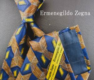 【美品】Ermengildo Zegna/ゼニア ネクタイ イタリア製　ネイビー×ブラウン系／パターン柄 ２本以上ご購入で送料無料S230
