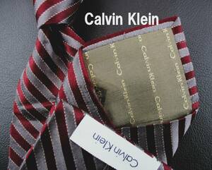  【良品】Calvin Klein/カルバンクラインネクタイ　グレー×エンジ系／レジメンタルストライブ柄　２本以上ご購入で送料無料S265　