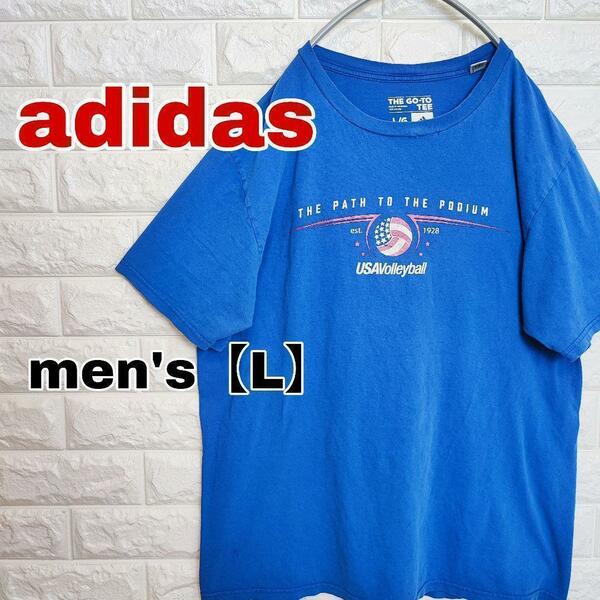 A368【adidas】プリントTシャツ半袖【メンズL】ブルー