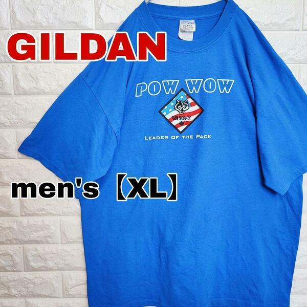 A366【GILDAN】プリントTシャツ半袖 刺繍ロゴ【メンズXL】ブルー