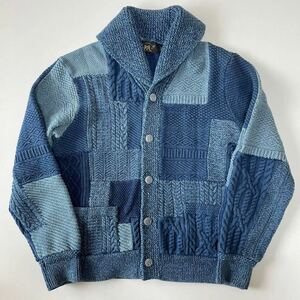 RRL “Patchwork Cardigan” L インディゴ パッチワーク ショールカラー カーディガン ニット フィッシャーマン Ralph Lauren ヴィンテージ