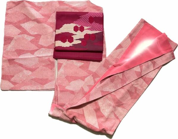 【F52】着物 小紋 袷 ピンク 正絹 着付練習や初心者にも