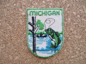 70s MICHIGAN ミシガン州ビンテージ刺繍ワッペン/バス釣りFISHING自然フィッシング旅行スーベニア観光アップリケ土産パッチPatches D②