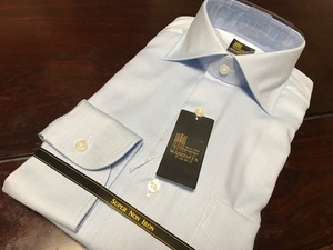 こだわり早稲田屋シャツブランド☆ブルー無地ツイルワイシャツ　S(37-80)　形態安定　ワイドスプレッド　テープ縫製