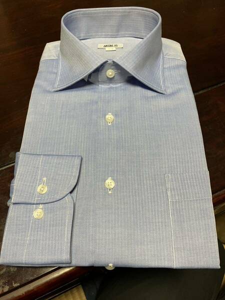 ABITRE51☆ブルー織柄ヘリンボーン　形態安定ワイシャツ　L(41-85)　ワイドスプレッド
