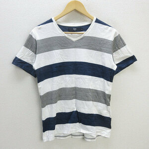 D# made in Japan # Ships /SHIPS border pattern short sleeves T-shirt /V neck [L] ash navy blue white /MENS/26[ used ]