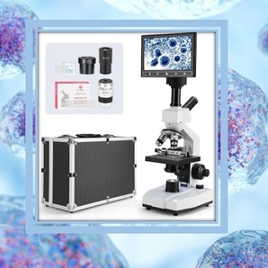 血液観察型単眼式生物顕微鏡 40X-2500X倍率 7インチスクリーン 5MPセンサー搭載カメラ 接眼レンズ 可調節メカニカルステージ 検査観察分析