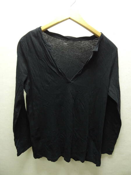全国送料無料 ギャップ GAP レディース 黒色 大きなスキッパー襟 綿100%素材 Tシャツ Lサイズ(165/96A)