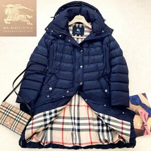 大きいサイズ◆美品◆バーバリー BURBERRY 40/11号/L 2way☆超美ラインサイドリブ♪ロングダウンコート 濃紺 卒業式 セレモニー フォーマル