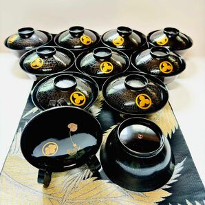 漆器　輪島塗　沈金　金蒔絵　木製　蓋付椀　お煮物椀　吸物椀　10客共箱　 時代物