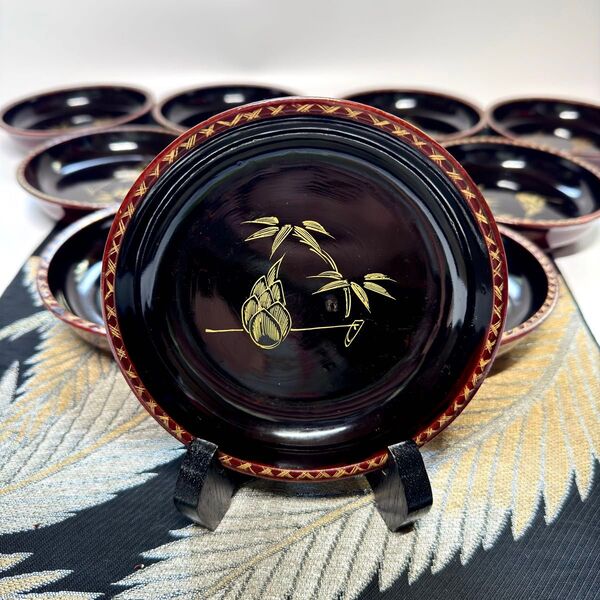 漆器 輪島塗 沈金 金蒔絵 木製 皿 10客 時代物