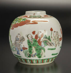 清 五彩人物紋罐 中国 古美術