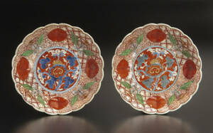 古伊万里 色絵赤玉瓔珞紋膾皿 2件 古美術