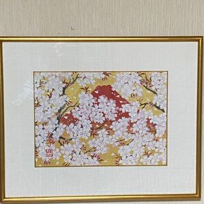 金バックに赤富士と満開桜　絵画