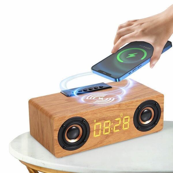 Bluetoothスピーカー ワイヤレススピーカー 木製 ブルートゥーススピーカー　木 目覚まし 時計 アラム 5種類アラーム音　ウッド