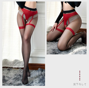 424007 fake garter stockings open black chi cloth light ...8 Denier black color X red line 