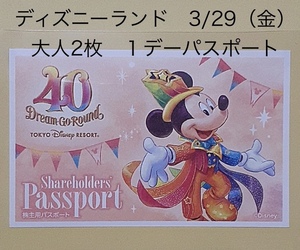 ディズニーランド ３月２９日　金曜日　 開園から入園　 大人２枚　ペアチケット　美女と野獣　 ベイマックス　3/29（金）１デーパスポート