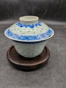 ｒ6030509　景徳鎮　蓋茶碗　ホタル焼　中国 在銘 染付 時代物