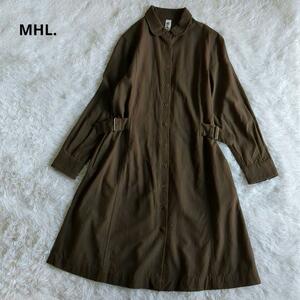 【送料無料】MHL.　MARGARET HOWELLマーガレットハウエル シャツワンピース ウール 茶 ブラウン ベルト 丸襟 Aライン M フレア Aライン