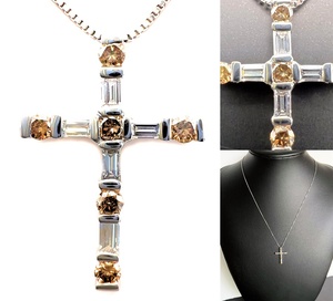 Неиспользованная цена 680 000 Damiani Damiani Lumiere Cresess Cross Collece K18WG Brown Diamond Baguet подлинный обычный кулон