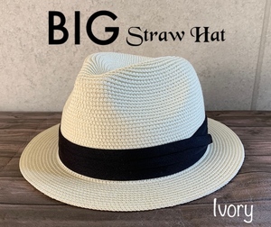 帽子 大きいサイズ ストロー 中折れ ハット 3段帯 BIGサイズ ストローハット 折り畳み サイズ調整 春 夏 ブレード アイボリー