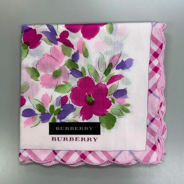 新品 バーバリー BURBERRY 大判　ハンカチ ノバチェック 花柄　ロゴ ピンク