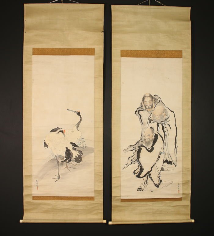 [Copy] [One lantern] nw5630(Kansai Mori)Double width, Twin Cranes and Three Wise Men, Teacher Tetsuzan Mori, Mori school, Osaka art world, Sonno school at the end of the Edo period, Meiji period, Yamaguchi people, painting, Japanese painting, person, Bodhisattva