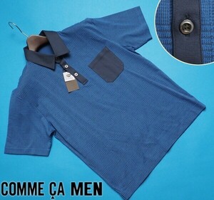 新品定価1.8万円 COMME CA MEN コムサメン 日本製 Triporous グレンチェック ポロシャツM青(22) 42CC05